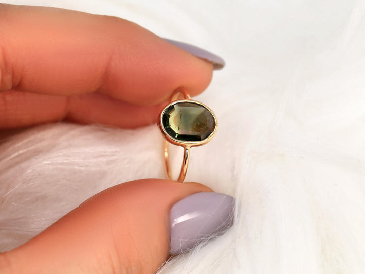 2.0CT Green Oval Cut Lab Grown Bezel Set Engagement Ring