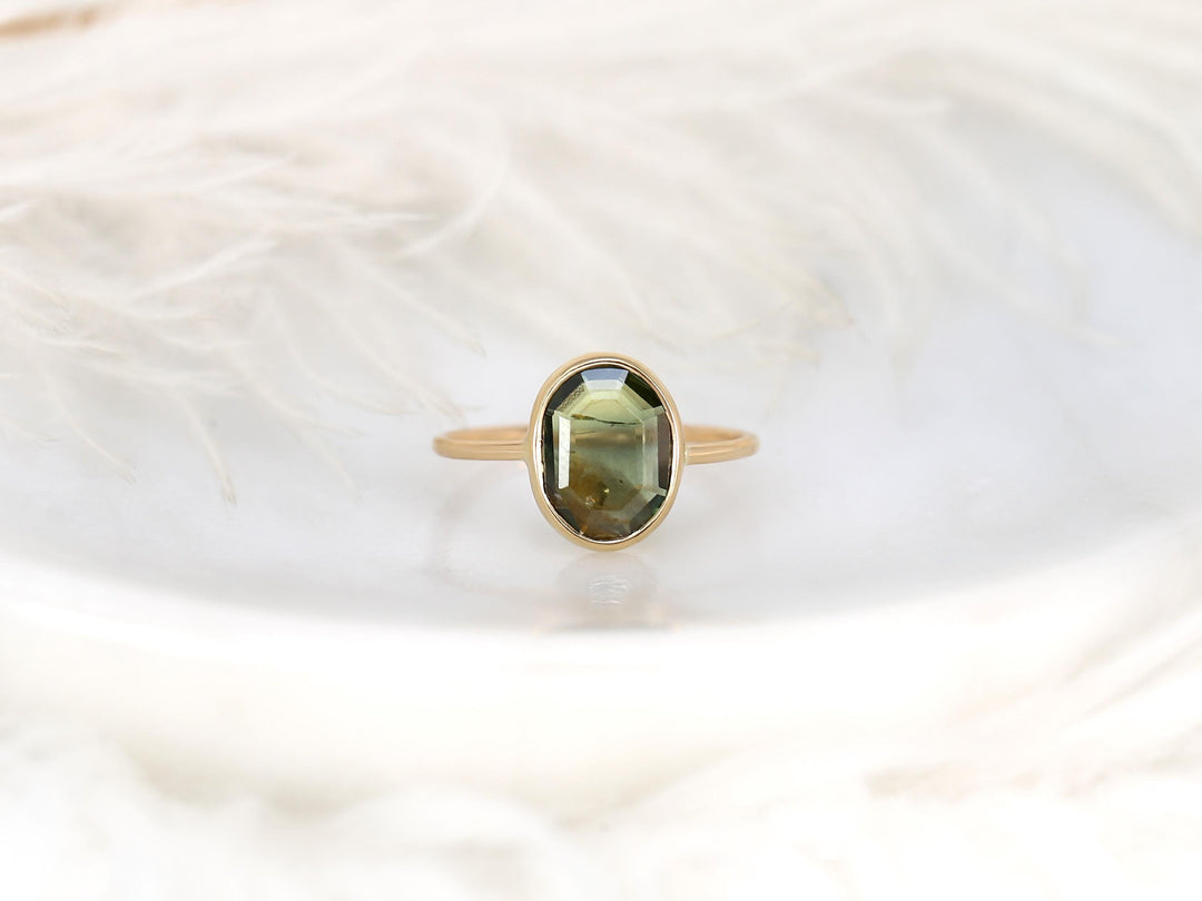 2.0CT Green Oval Cut Lab Grown Bezel Set Engagement Ring