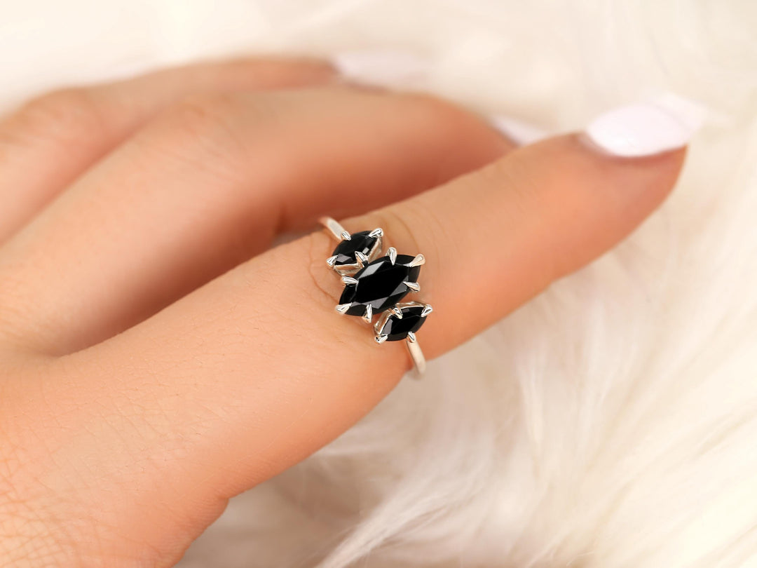 1.50CT Black Marquise Cut Lab Grown Three Stone Engagement Ring
