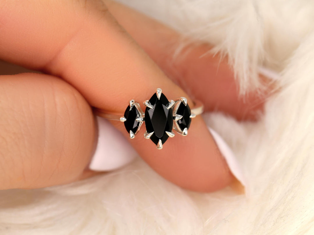 1.50CT Black Marquise Cut Lab Grown Three Stone Engagement Ring