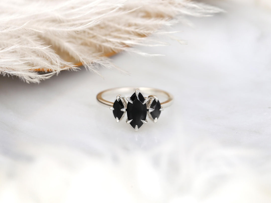 1.50CT Black Marquise Cut Lab Grown Three Stone Engagement Ring
