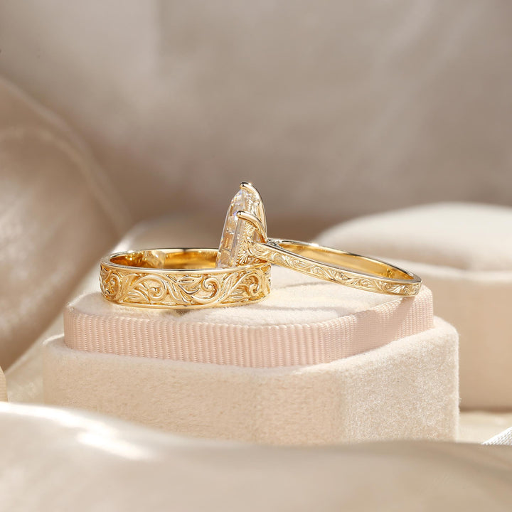 2.50CT Elongated Hexagon Lab Grown Engagement Ring & Engraved Couple Ring