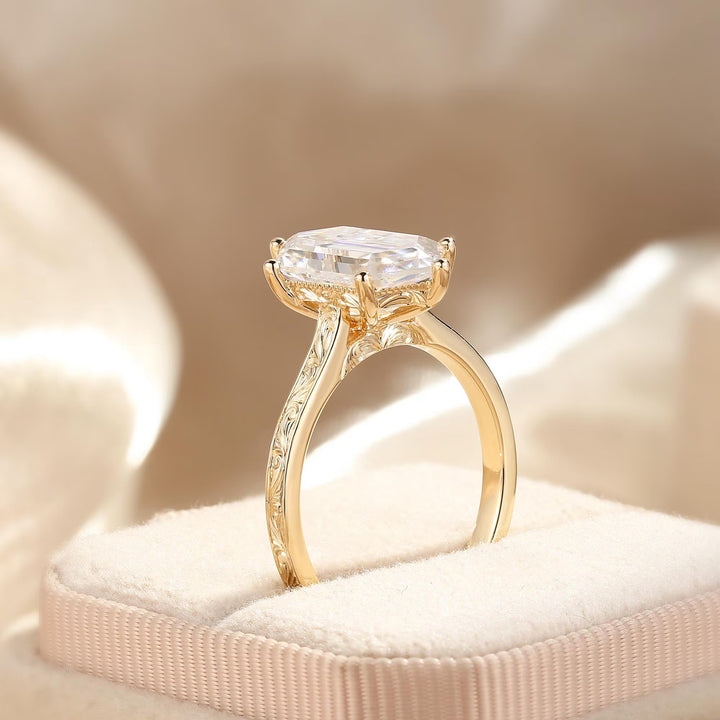 2.50CT Elongated Hexagon Lab Grown Engagement Ring & Engraved Couple Ring