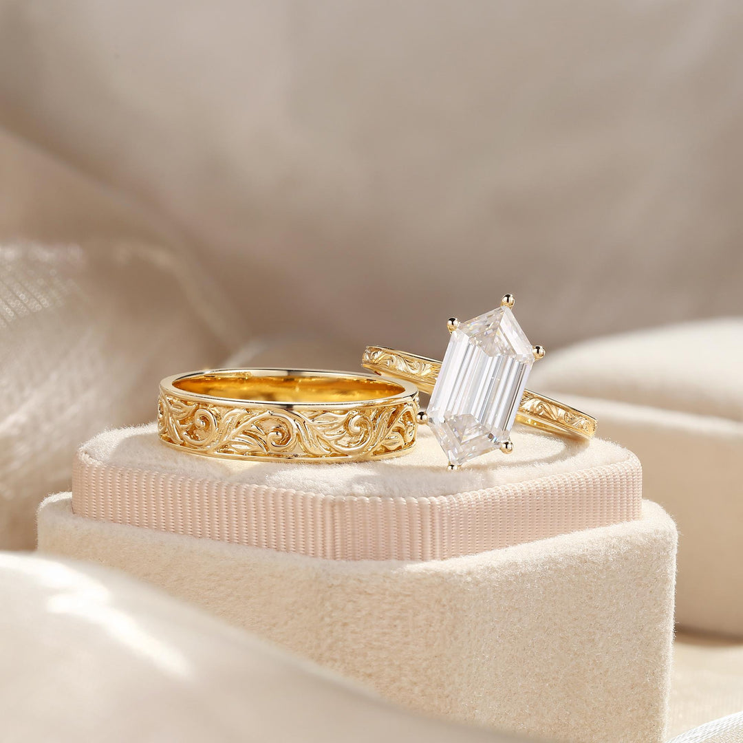 2.50CT Elongated Hexagon Lab Grown Engagement Ring & Engraved Couple Ring