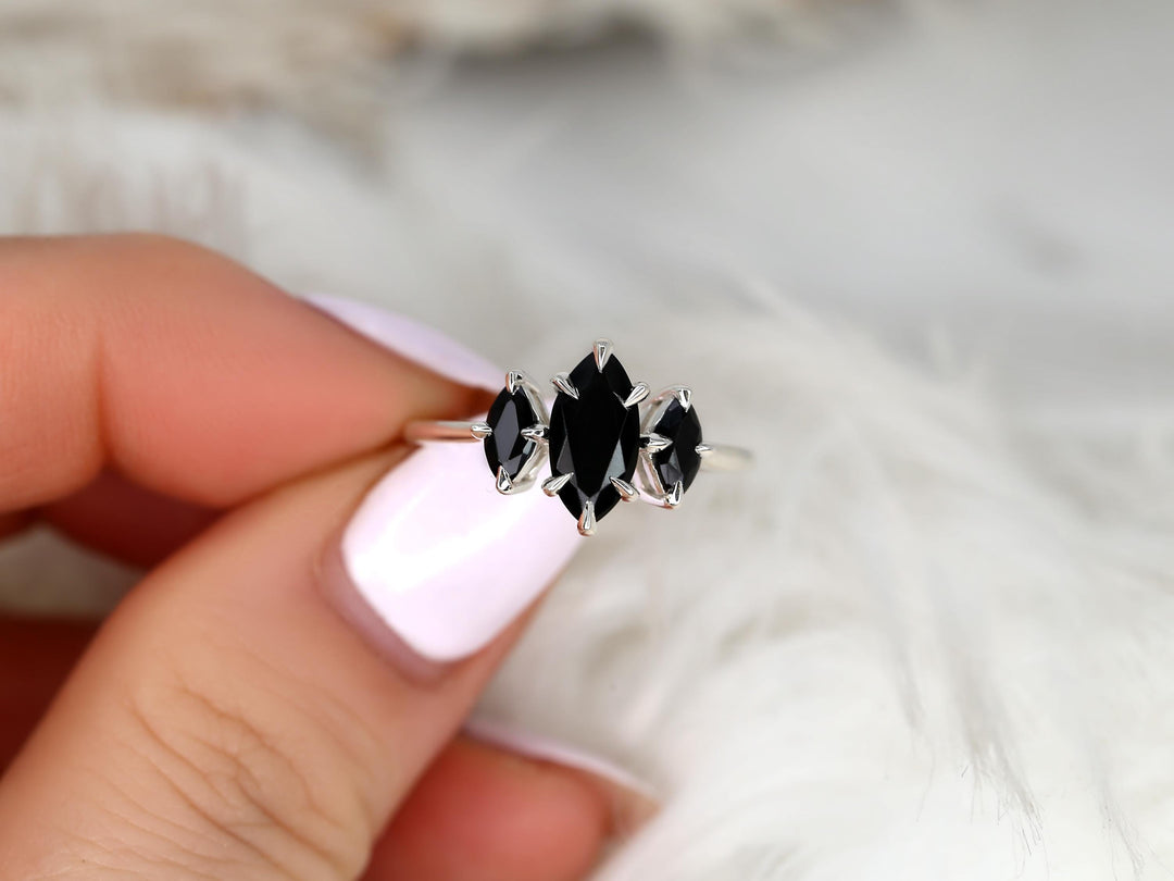 1.50CT Black Marquise Cut Lab Grown Three Stone Engagement Ring