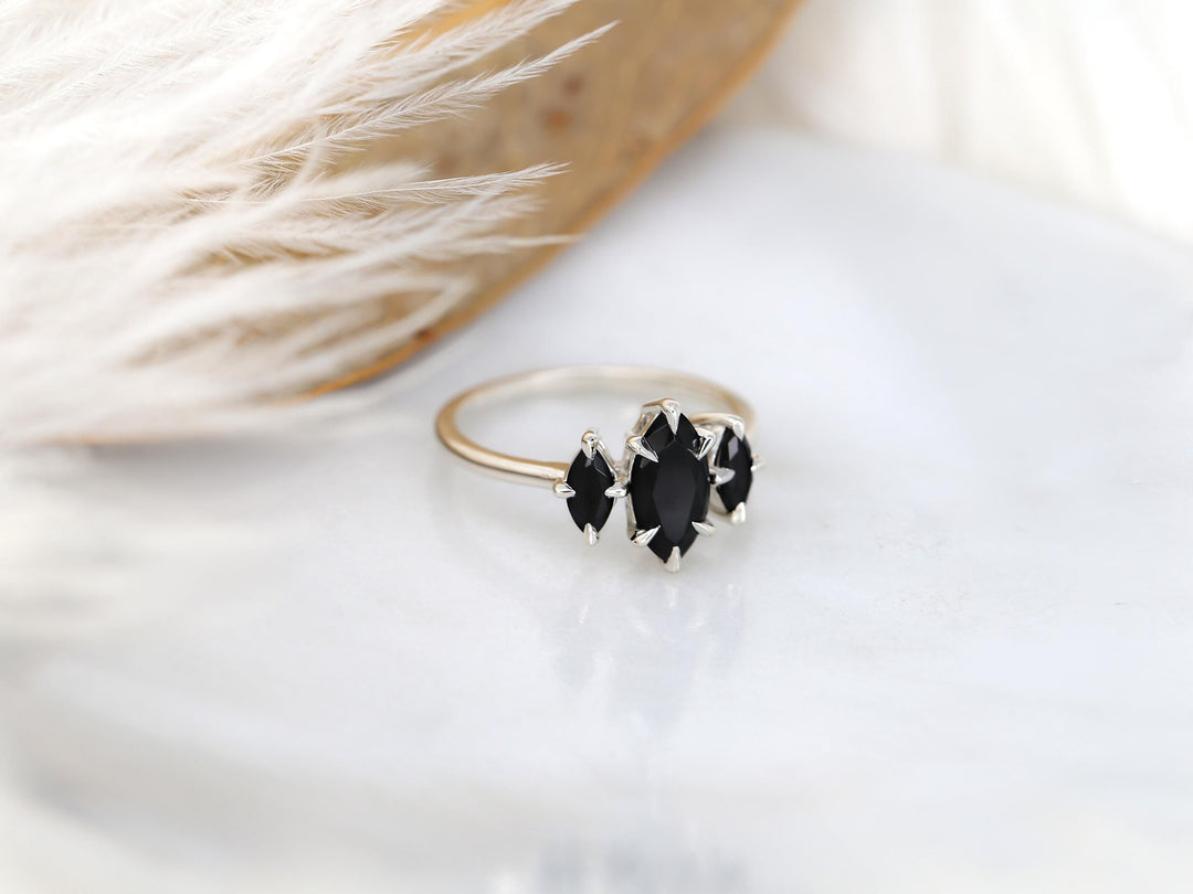 1.50CT Black Marquise Cut Lab Grown Three Stone Engagement Ring