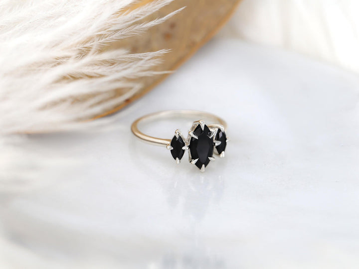 1.50CT Black Marquise Cut Lab Grown Three Stone Engagement Ring
