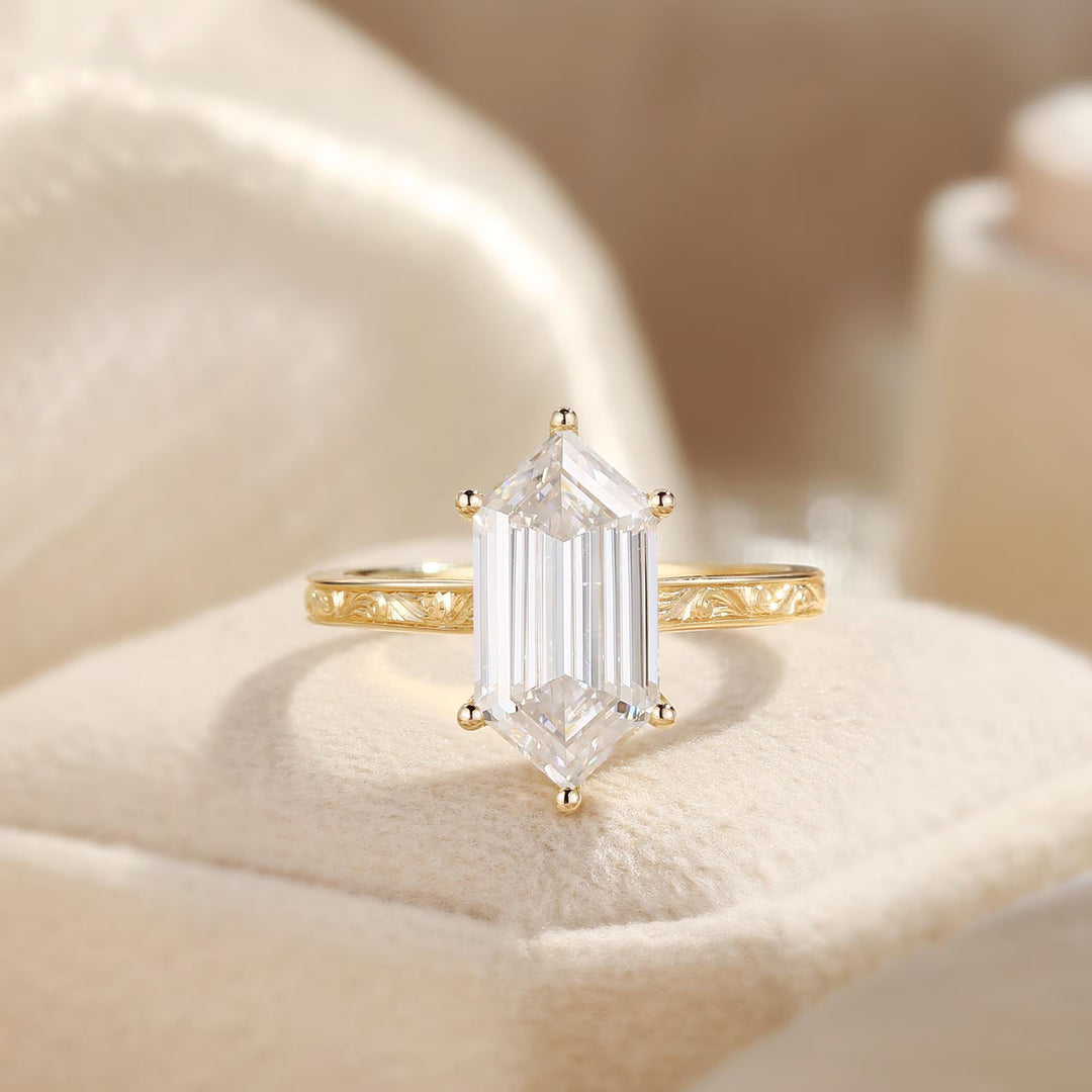 2.50CT Elongated Hexagon Lab Grown Engagement Ring & Engraved Couple Ring
