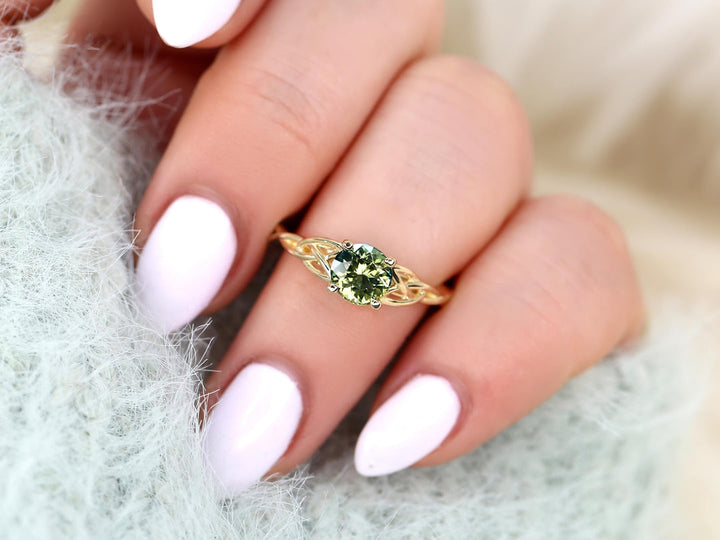 1.50CT Green Tea Teal Sapphire Round Cut Lab Grown Knot Solitaire Engagement Ring