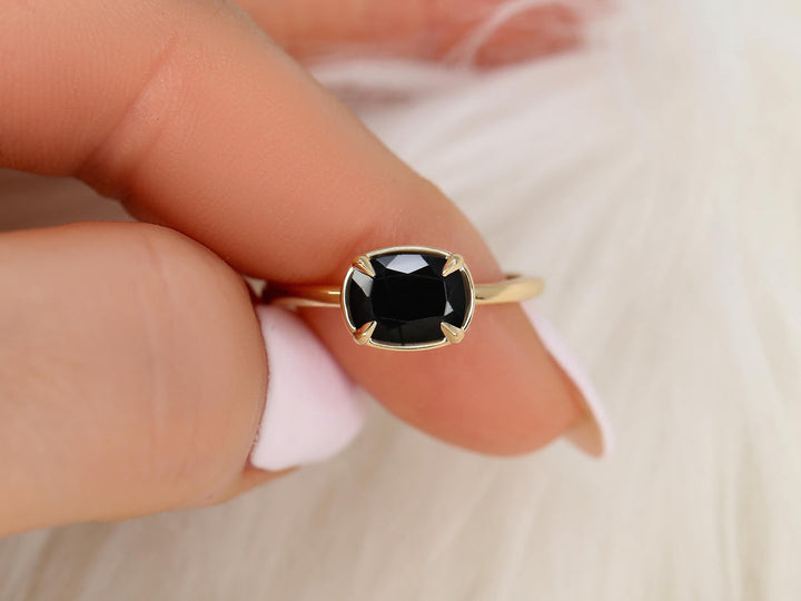 1.50CT Black Cushion Cut Lab Grown East West Engagement Ring