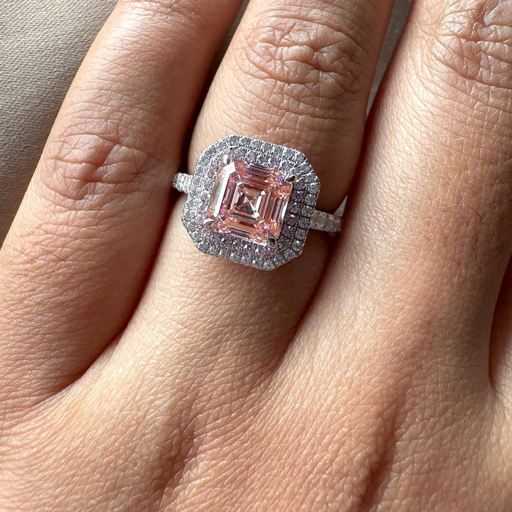 2.50CT Pink Asscher Cut Lab Grown Double Halo Diamond Engagement Ring