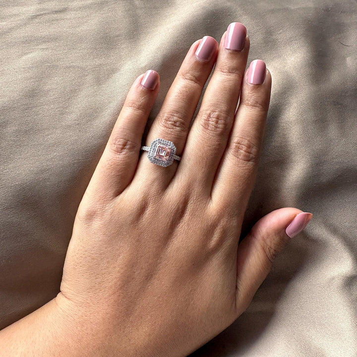 2.50CT Pink Asscher Cut Lab Grown Double Halo Diamond Engagement Ring