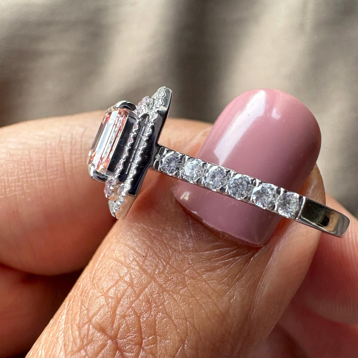 2.50CT Pink Asscher Cut Lab Grown Double Halo Diamond Engagement Ring