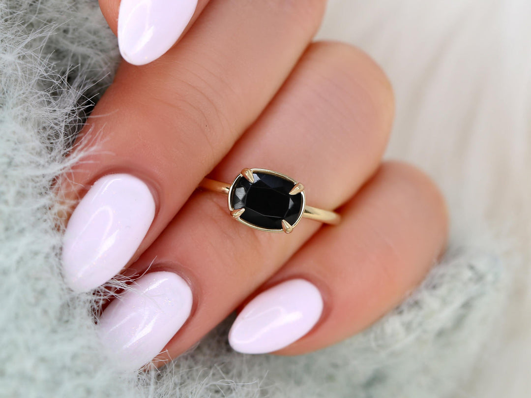 1.50CT Black Cushion Cut Lab Grown East West Engagement Ring