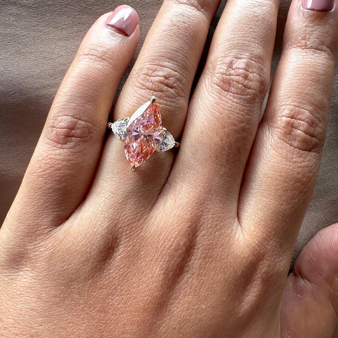 4.0CT Pink Marquise Cut Lab Grown Three Stone Heart Side Engagement Ring