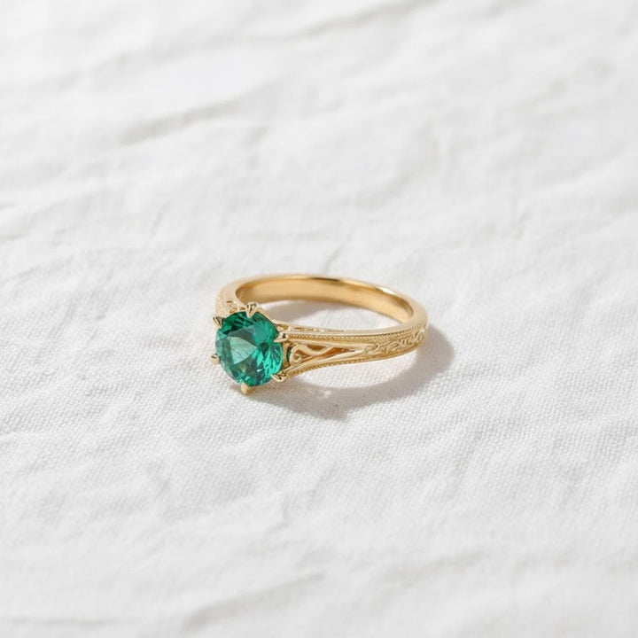 1.50CT Green Round Diamond Antique Filigree Emerald Ring