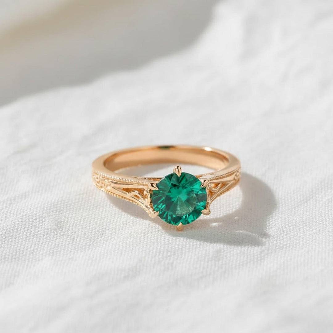1.50CT Green Round Diamond Antique Filigree Emerald Ring