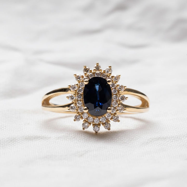 2.0CT Blue Sapphire Oval Lab Grown Halo Cluster Diamond Engagement Ring