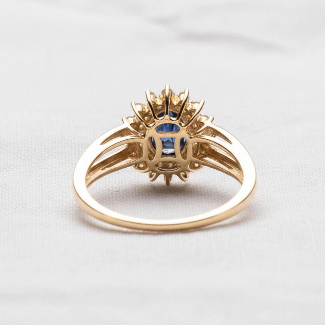 2.0CT Blue Sapphire Oval Lab Grown Halo Cluster Diamond Engagement Ring