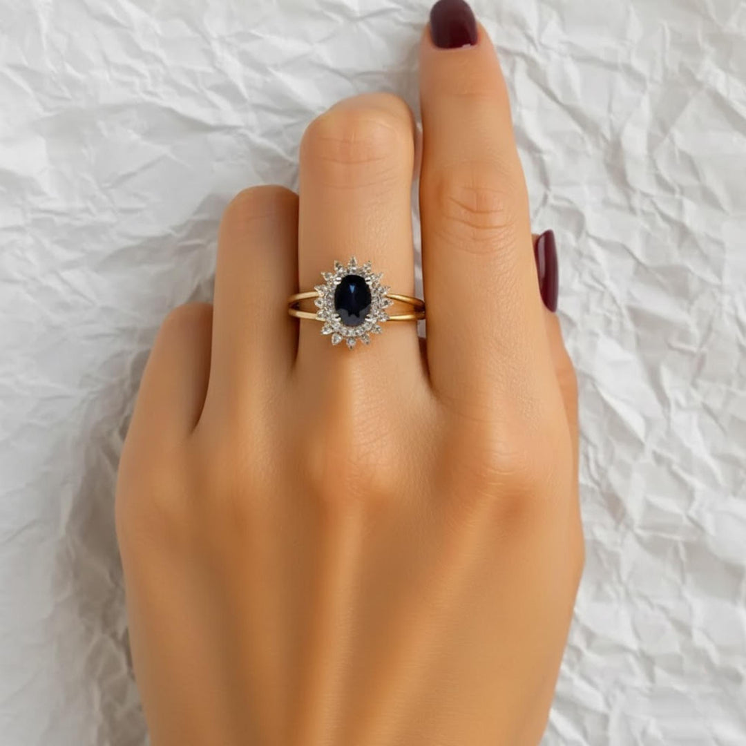 2.0CT Blue Sapphire Oval Lab Grown Halo Cluster Diamond Engagement Ring