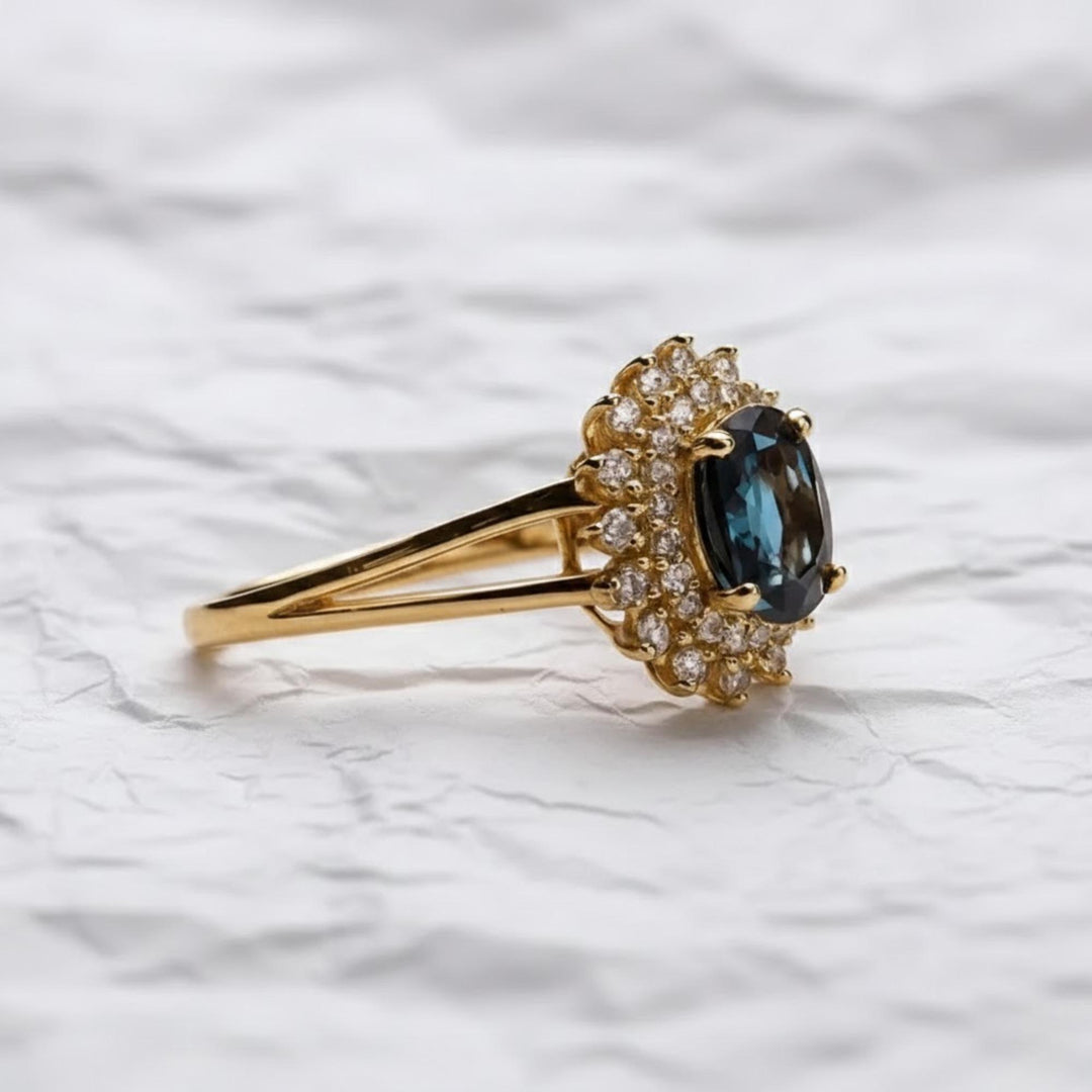 2.0CT Blue Sapphire Oval Lab Grown Halo Cluster Diamond Engagement Ring