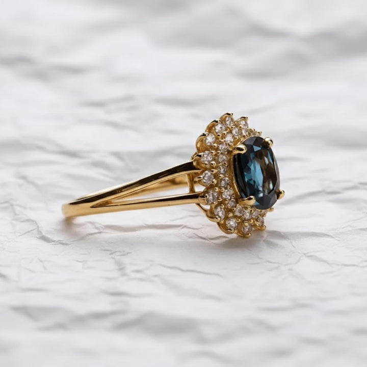 2.0CT Blue Sapphire Oval Lab Grown Halo Cluster Diamond Engagement Ring