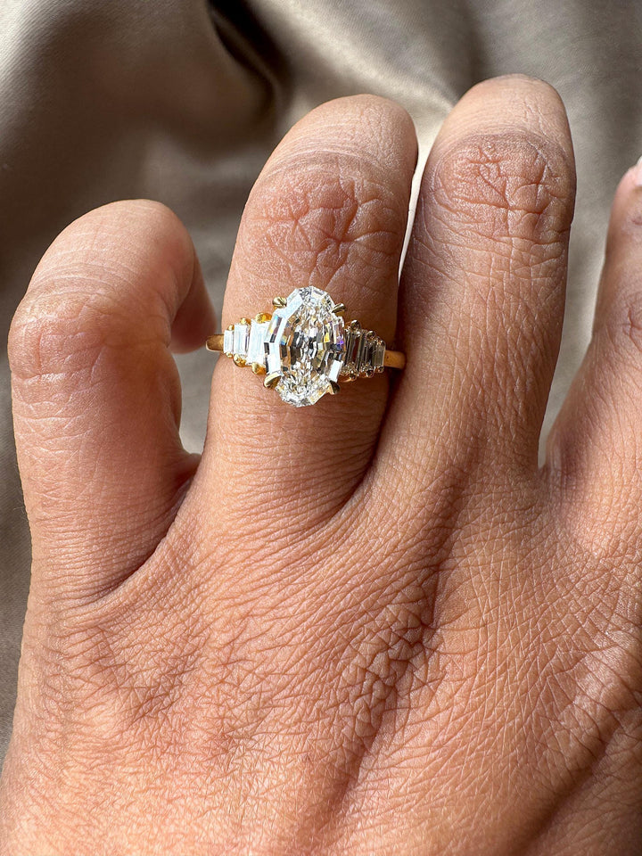 2.0CT Oval Step Cut Lab Made Diamond Engagement Ring - Graduated Baguette Setting