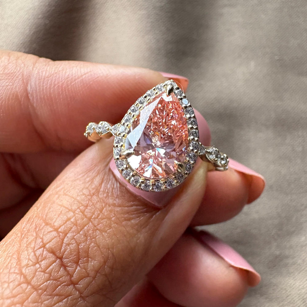  lab grown diamond ring, pear cut diamond, halo engagement ring, pave diamond ring, 2ct pink diamond, lab created pink diamond, ethical engagement ring, pink pear diamond.