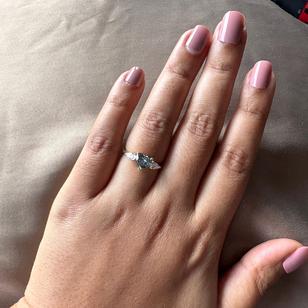 lab grown diamond ring, three stone engagement ring, halo diamond ring, heart halo ring, lab created blue diamond