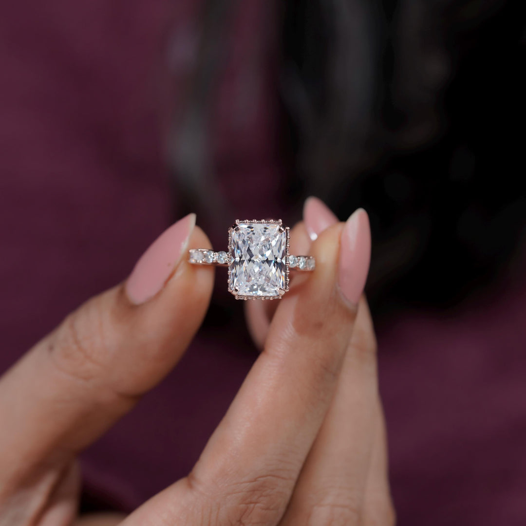  crushed ice radiant, seamless halo ring, sparkle pave setting, sustainable bridal jewelry, radiant cut with hidden halo, thin pave band ring.