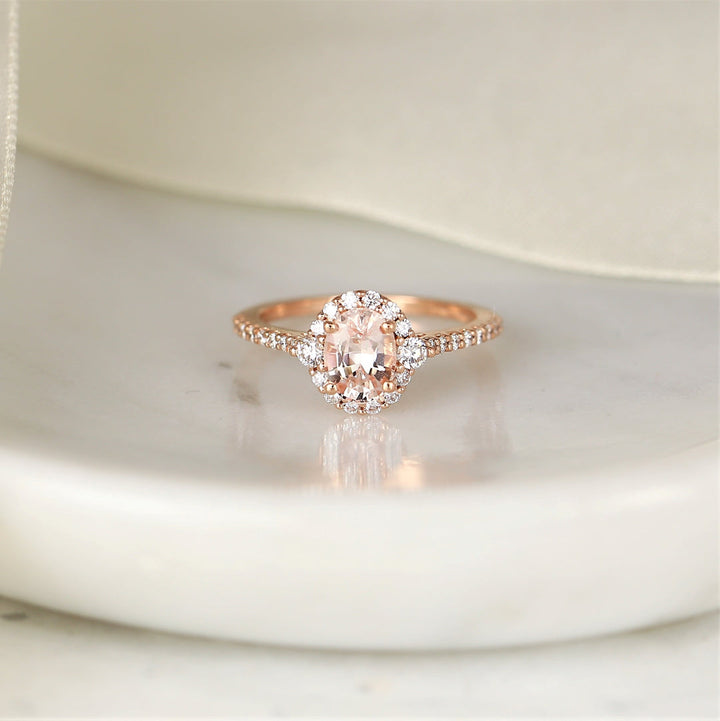 1.50CT Peach Sapphire Oval Lab Grown Halo Diamond Engagement Ring