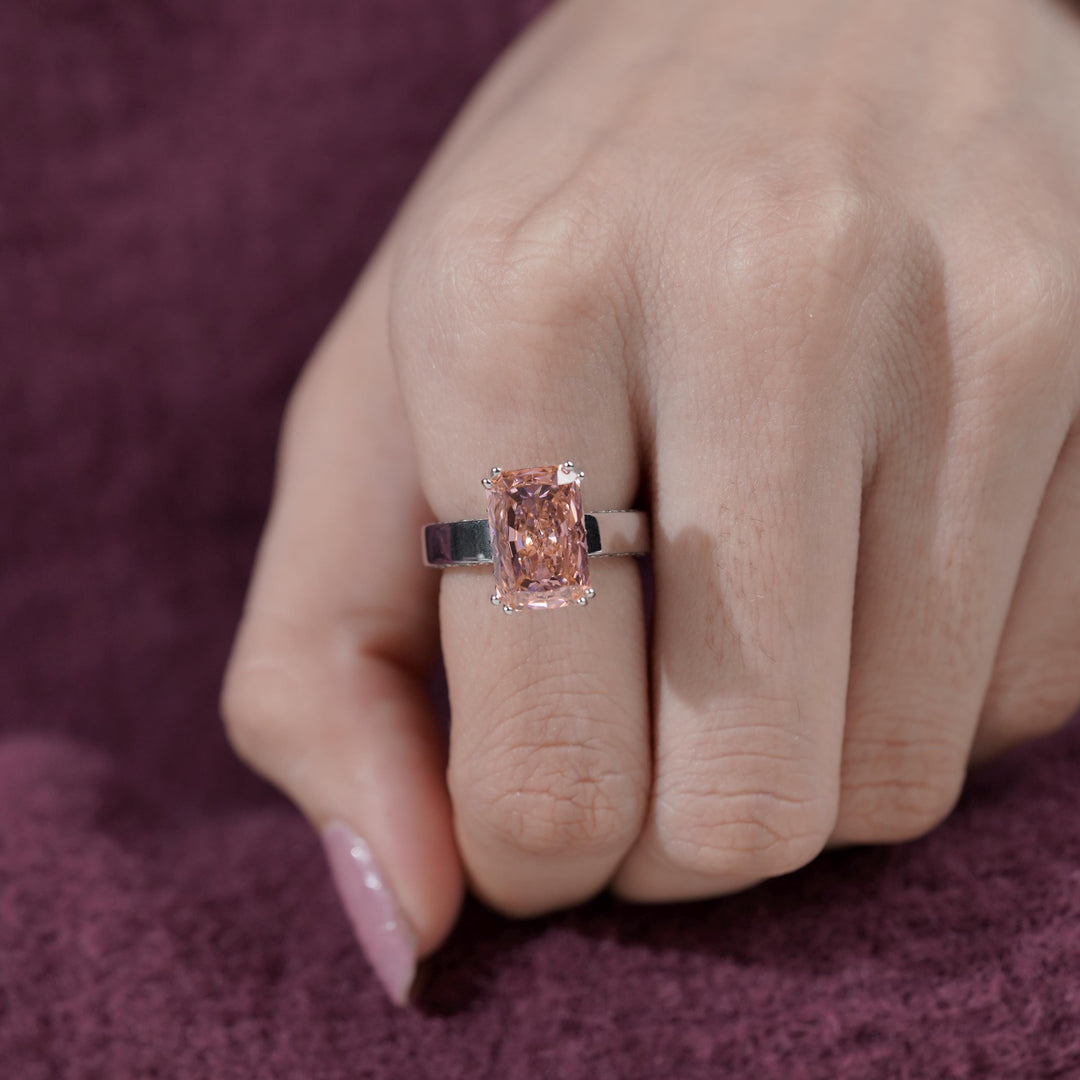 3 carat radiant cut, pink radiant lab diamond, secret halo ring, sustainable pink diamond, pink engagement ring, unique radiant solitaire, pastel pink diamond.