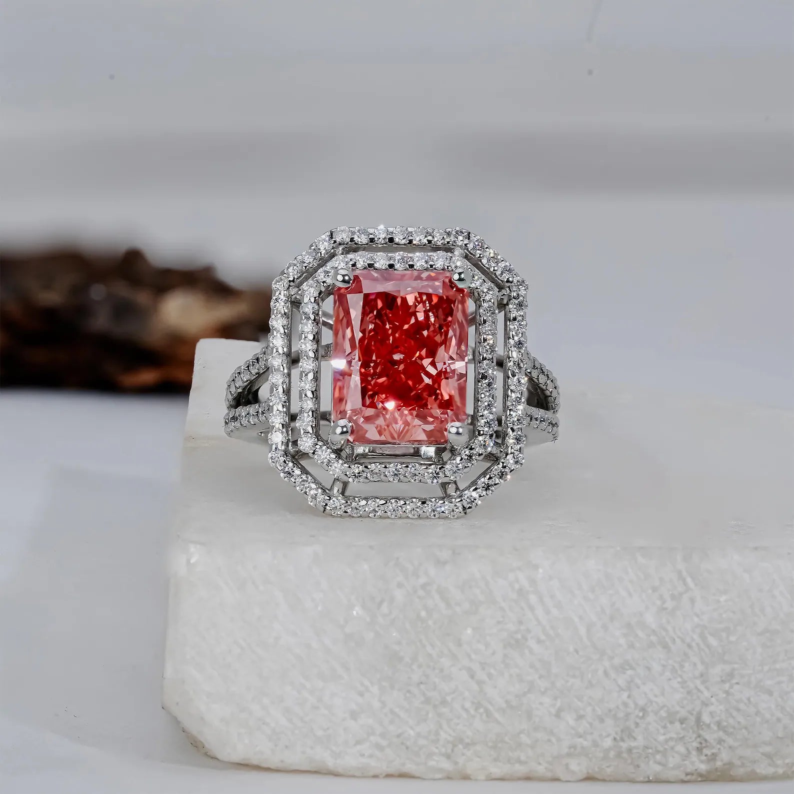 pink radiant halo engagement ring
