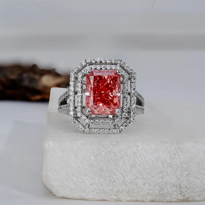 pink radiant halo engagement ring
