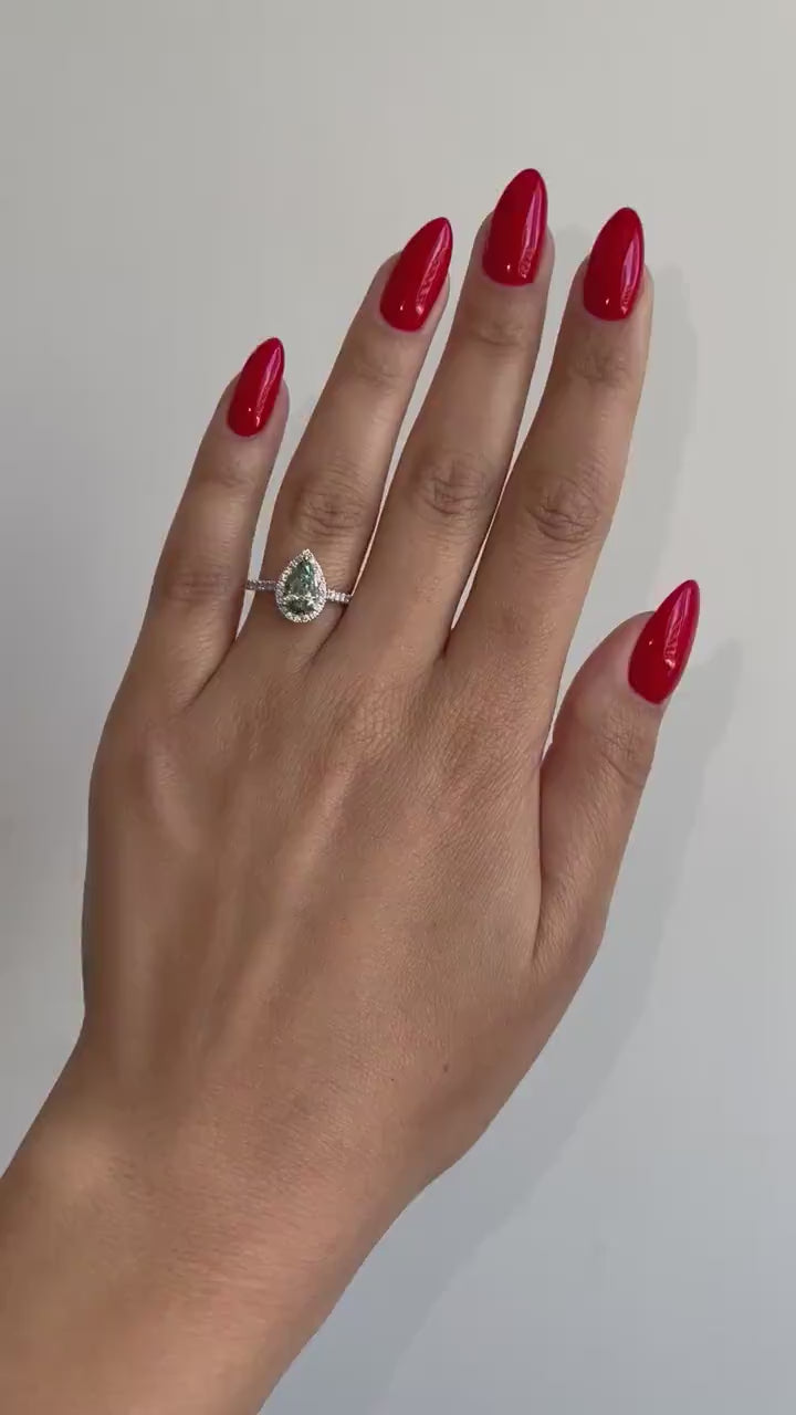 1.0ct Green Diamond Halo Engagement RingGreen Lab Diamond Ring with Pave Diamonds