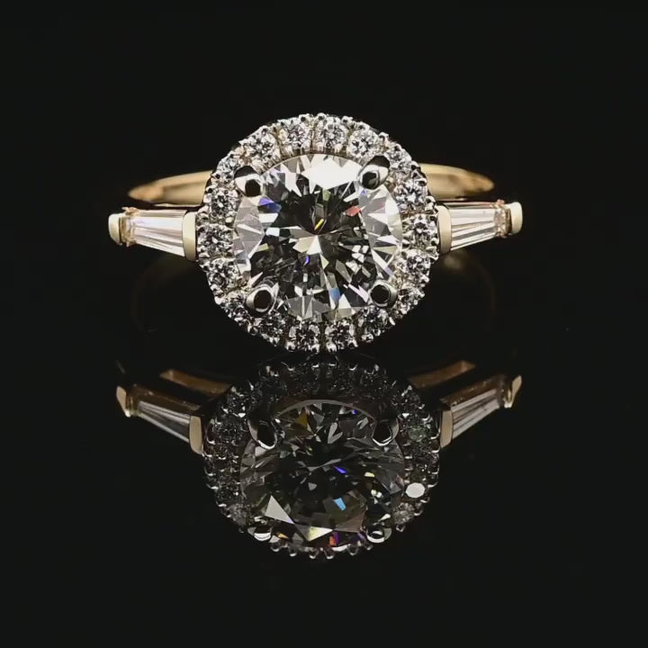 1.0ct-2.0ct Round Cut Lab Grown Three Stone Diamond Halo Engagement Ring