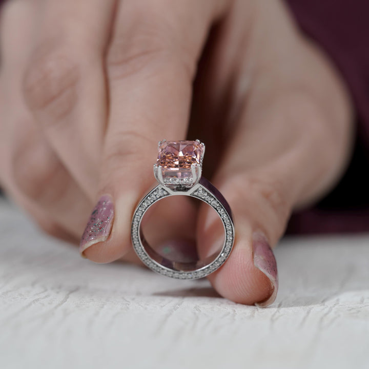 3.0ct radiant shape, vvs pink lab diamond, fancy vivid pink, radiant cut with hidden accents, four prong pink diamond, conflict-free pink diamond, pink anniversary ring, radiant solitaire with hidden stones.