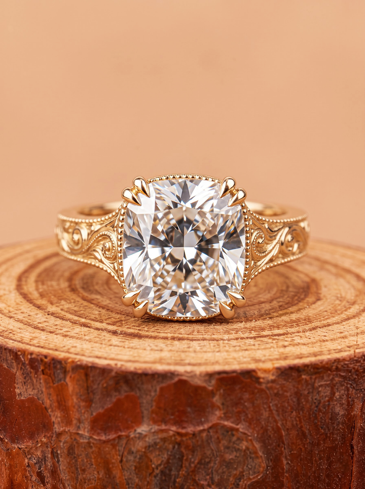 3.0CT Cushion Cut Lab Grown Diamond Vintage Scroll Engraved Milgrain Engagement Ring