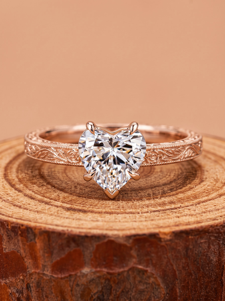 2.0CT Heart Lab Grown Diamond Vintage Floral Engraved Engagement Ring