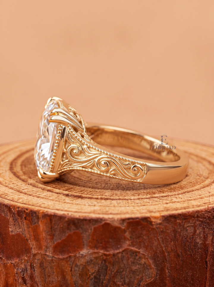 3.0CT Cushion Cut Lab Grown Diamond Vintage Scroll Engraved Milgrain Engagement Ring