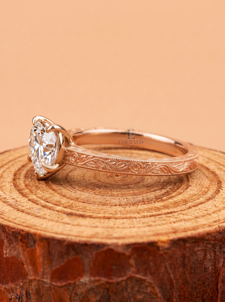 2.0CT Heart Lab Grown Diamond Vintage Floral Engraved Engagement Ring