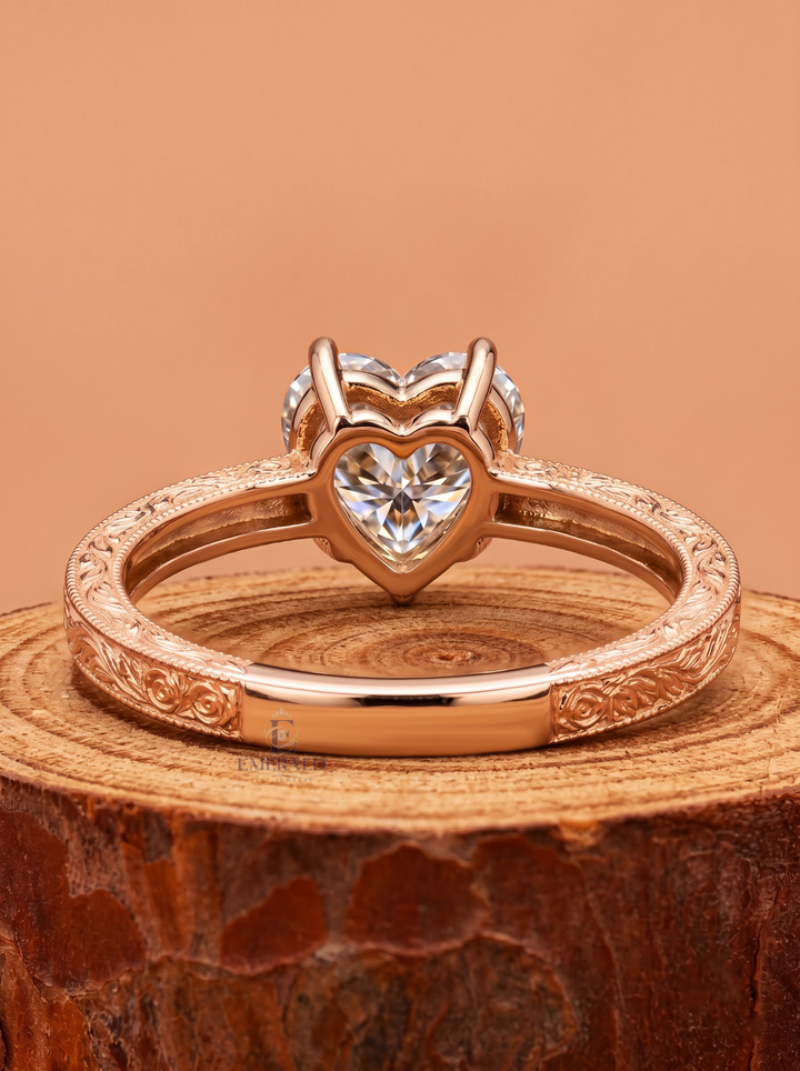 2.0CT Heart Lab Grown Diamond Vintage Floral Engraved Engagement Ring