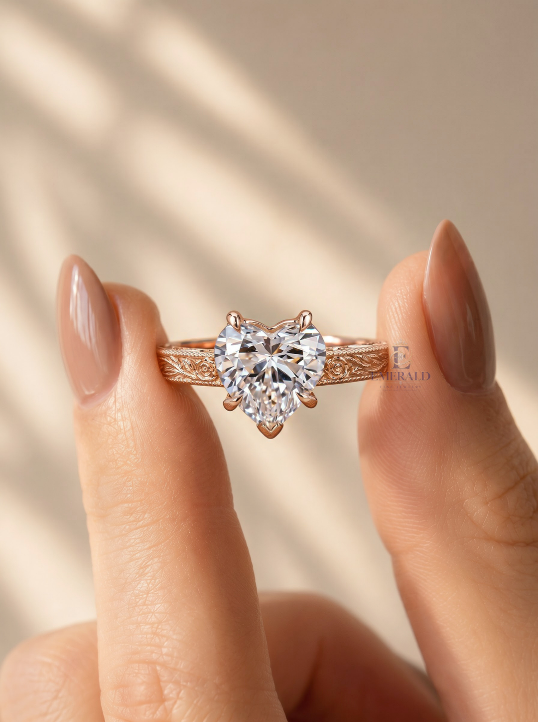 2.0CT Heart Lab Grown Diamond Vintage Floral Engraved Engagement Ring