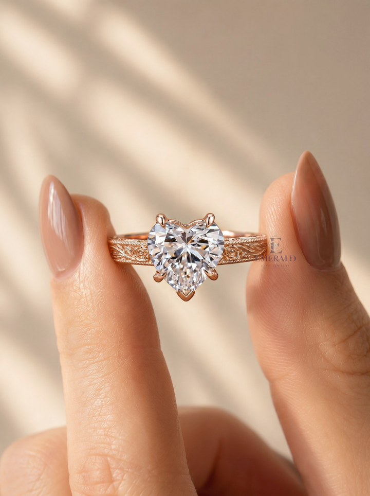 2.0CT Heart Lab Grown Diamond Vintage Floral Engraved Engagement Ring