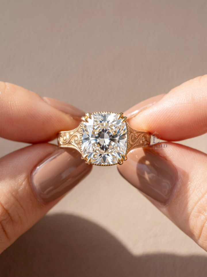 3.0CT Cushion Cut Lab Grown Diamond Vintage Scroll Engraved Milgrain Engagement Ring