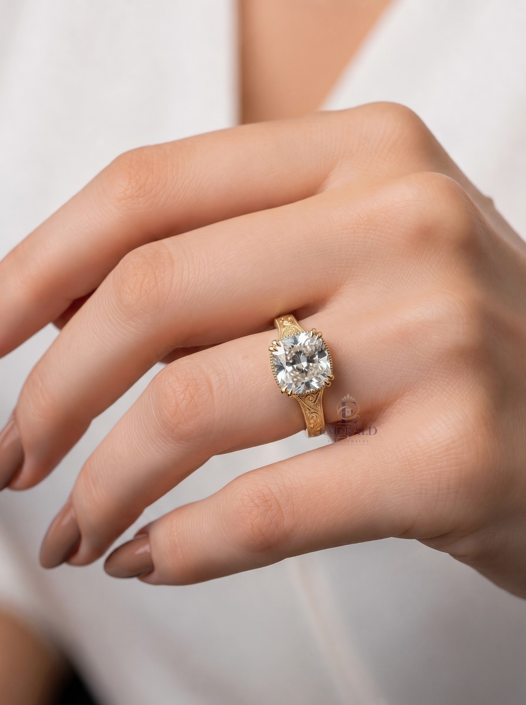 3.0CT Cushion Cut Lab Grown Diamond Vintage Scroll Engraved Milgrain Engagement Ring