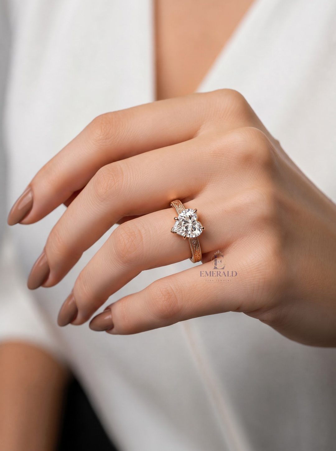 2.0CT Heart Lab Grown Diamond Vintage Floral Engraved Engagement Ring