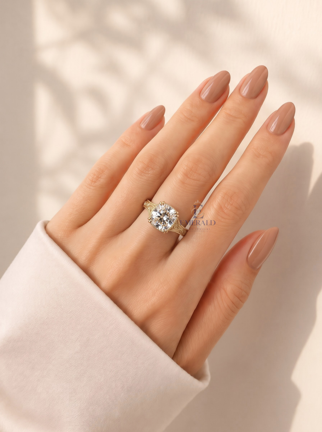3.0CT Cushion Cut Lab Grown Diamond Vintage Scroll Engraved Milgrain Engagement Ring