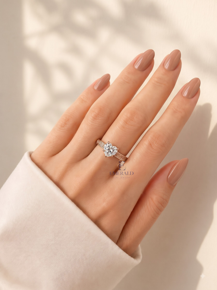 2.0CT Heart Lab Grown Diamond Vintage Floral Engraved Engagement Ring