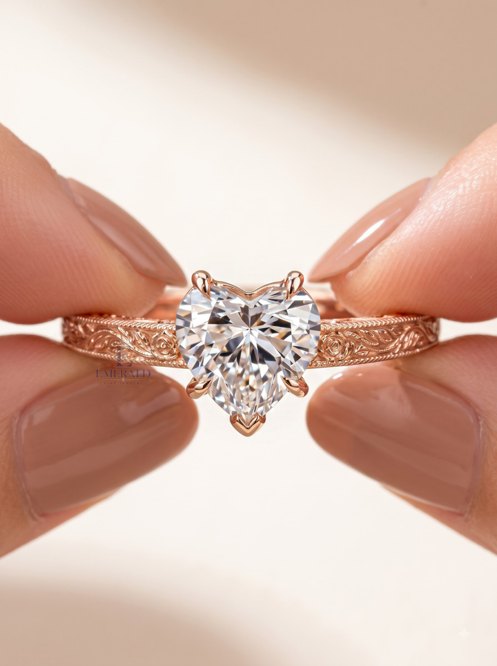 2.0CT Heart Lab Grown Diamond Vintage Floral Engraved Engagement Ring